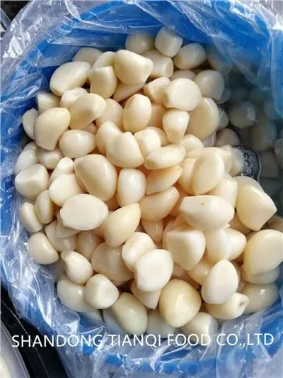 กลีบกระเทียมขาวเก็บรักษาไว้ในน้ำเกลือในถัง